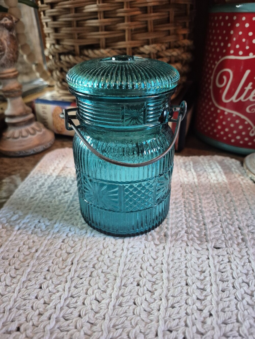 Vintage 1970s Avon Turquoise Teal Blue Glass Embossed Pattern Wire Bail Jar